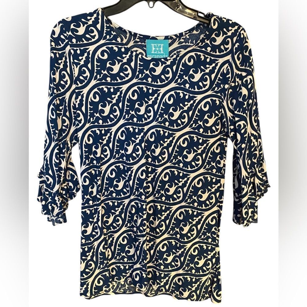Escapada Sz S Navy Blue White Patterned Flutter Sleeves Rayon Summer Top